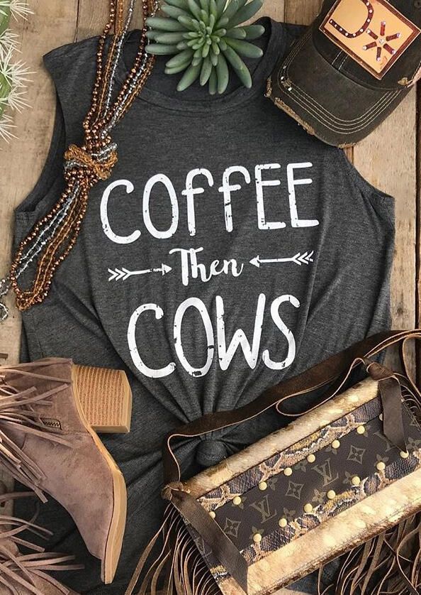 

Tank Tops Coffee Then Cows Tank- Dark Grey. Size