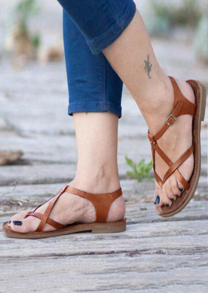 

Solid Buckle Strap Flat Sandals - Brown, 444121