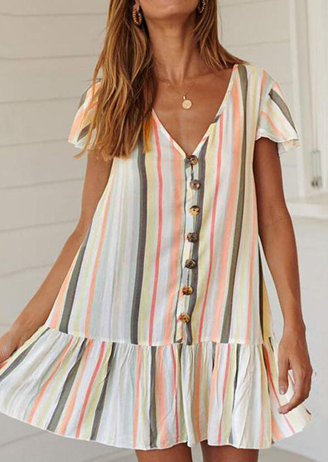 

Striped Button Deep V-Neck Mini Dress without Necklace - Army Green, 444469
