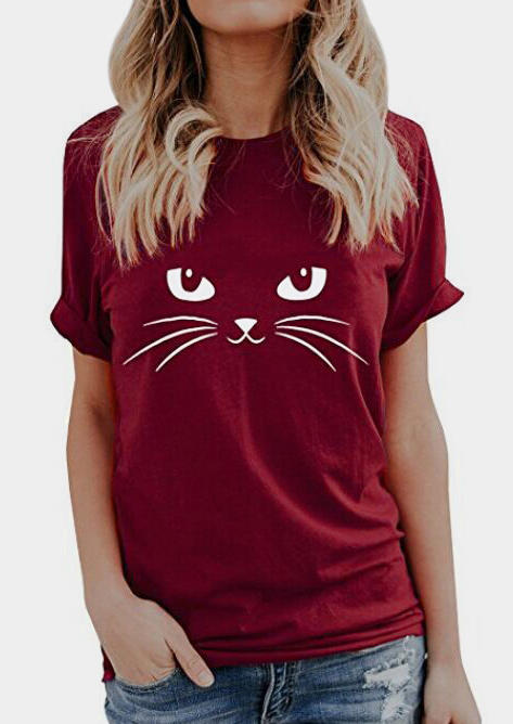 

Cat Face O-Neck T-Shirt Tee - Burgundy, 444744