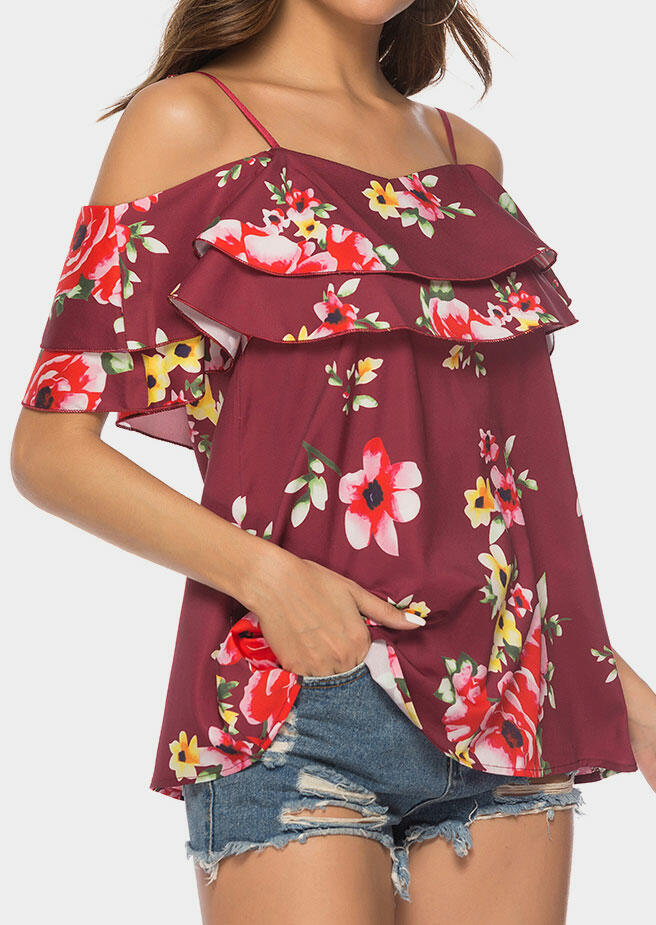 

Floral Layered Cold Shoulder Blouse - Burgundy, 444765