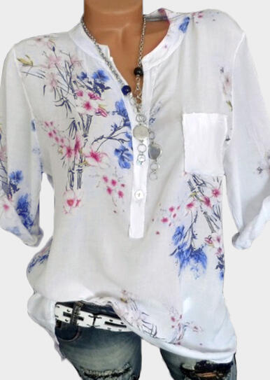 

Floral Tab-Sleeve Blouse without Necklace - White, 444862