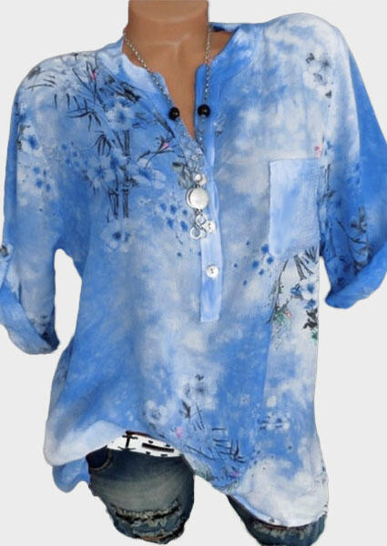 

Blouses Floral Tab-Sleeve Blouse without Necklace - Blue. Size