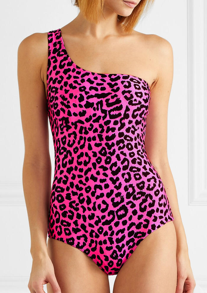 

One Shoulder Leopard Printed One-Piece Swimsuit - Rose Red