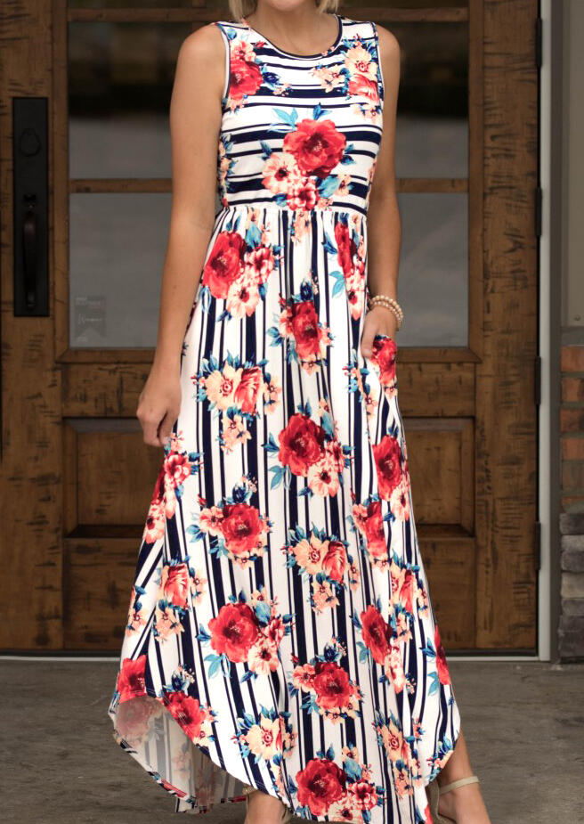 

Floral Striped Pocket Maxi Dress - Stripe, 443409