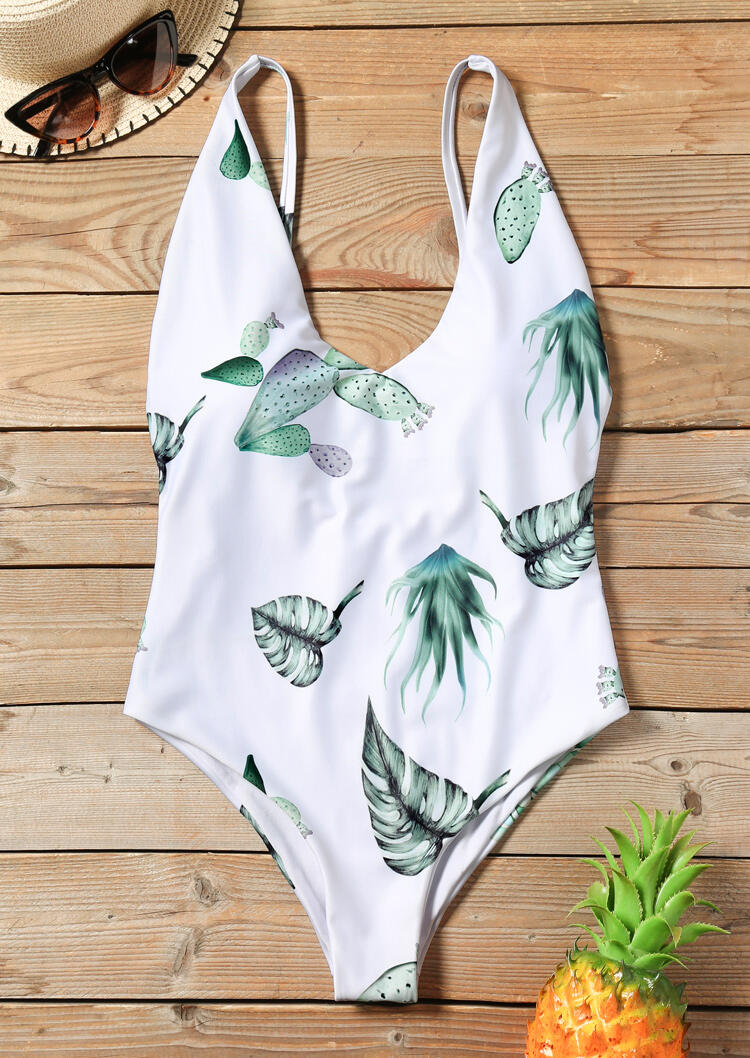 

One-Pieces Leaf Deep V-Neck Swimsuit - White. Size: M