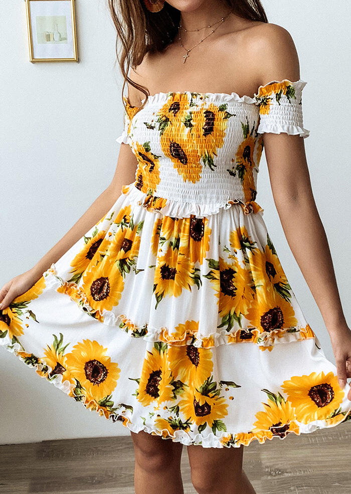 

Mini Dresses Floral Ruffled Off Shoulder Mini Dress without Necklace- Yellow. Size: S
