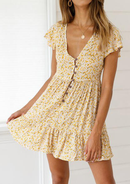 Floral Deep V-Neck Mini Dress without Necklace – Yellow