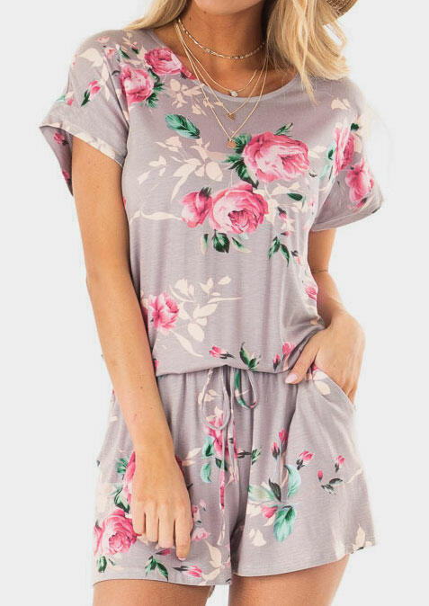 

Floral Drawstring Pocket Romper without Necklace - Gray, 444877