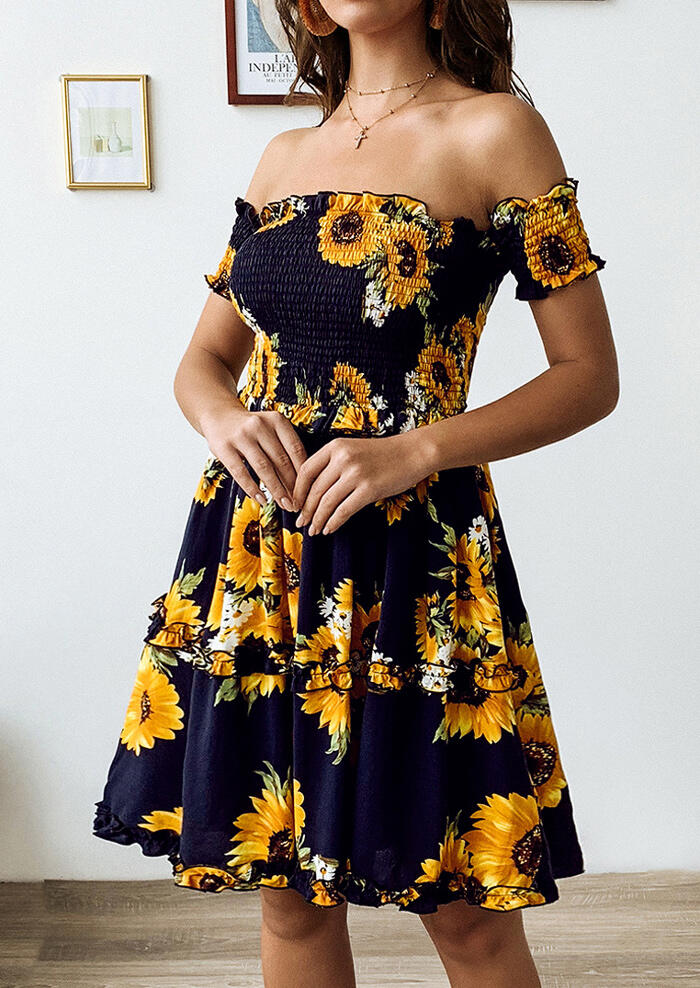 Sunflower Ruffled Off Shoulder Mini Dress Without Necklace Navy Blue