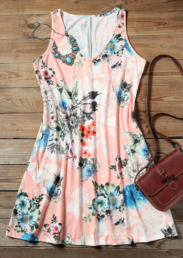 

Mini Dresses Floral V-Neck Mini Dress without Necklace - Pink. Size