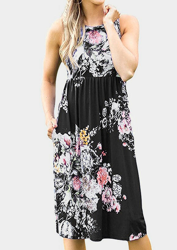 

Casual Dresses Floral Printed Pocket Casual Dress - Black. Size: S