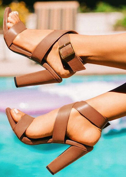 Solid Buckle Strap Heeled Sandals -Brown