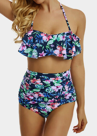 

Floral Halter High Waist Bikini Set - Blue, 444857