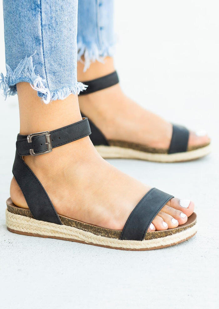 

Solid Buckle Strap Sandals - Black, 445048