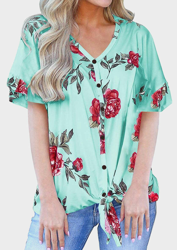 

Floral V-Neck Tie Ruffled Blouse - Light Green, 445281