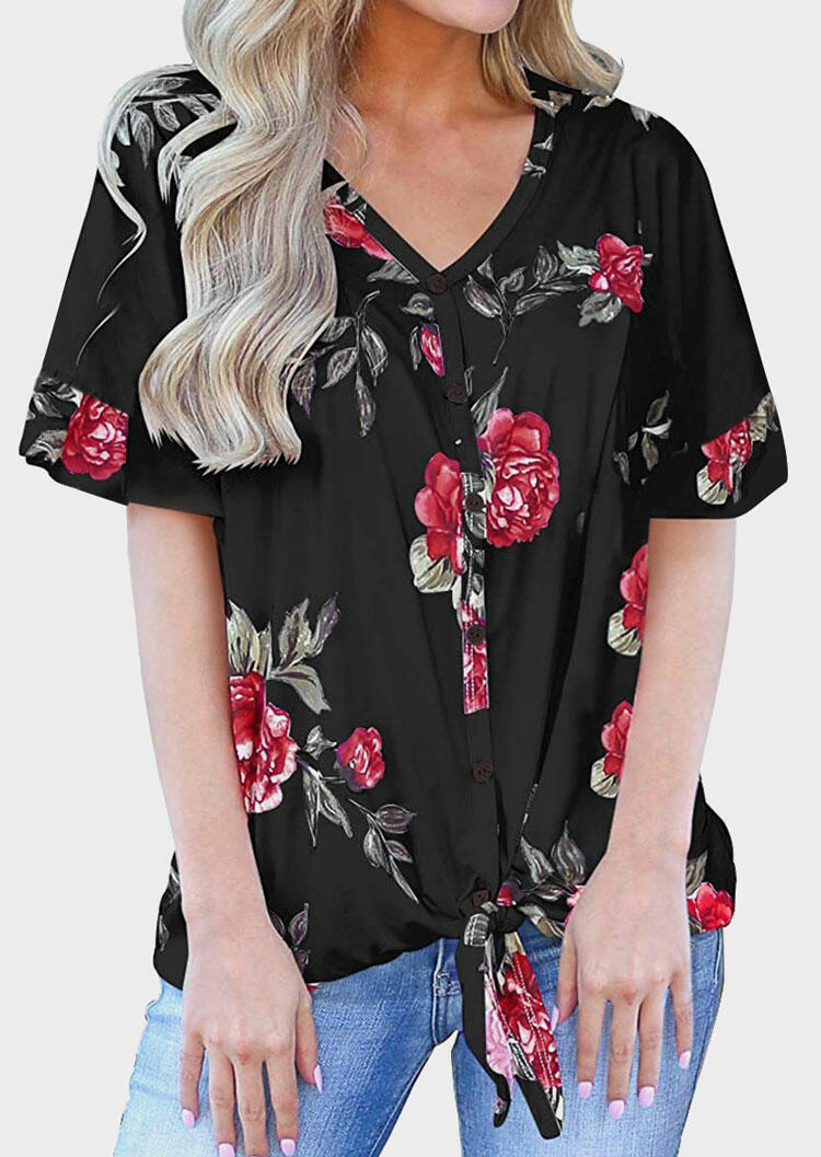 

Floral Tie Button V-Neck Blouse - Black, 445283
