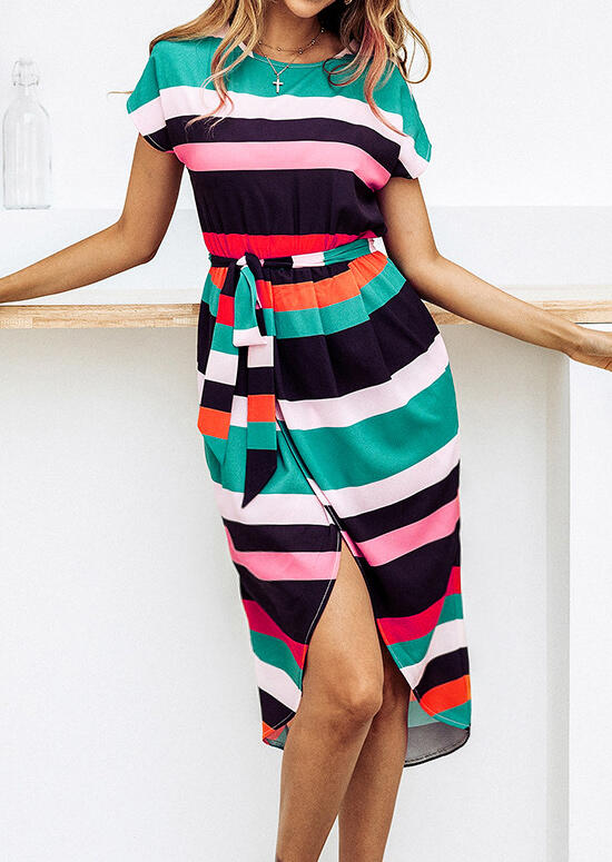 

Striped Slit Cross Casual Dress without Necklace - Stripe, 445305