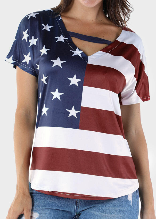 

American Flag Printed V-Neck Blouse - Stripe, 445388