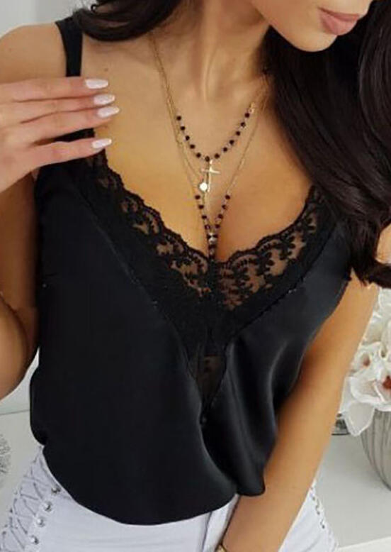 

Solid Lace Splicing Camisole without Necklace - Black, 445389