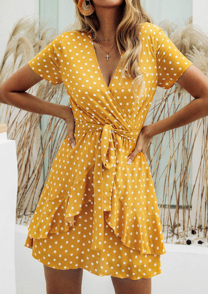 

Polka Dot Layered Mini Dress without Necklace - Yellow, 445397
