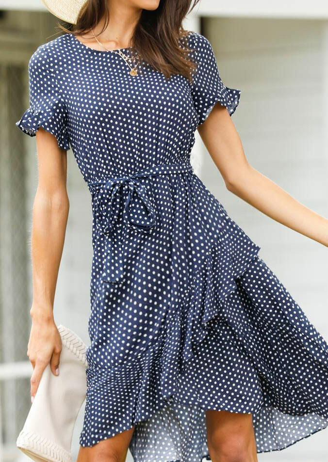 

Polka Dot Irregular Mini Dress without Necklace - Navy Blue, 445399