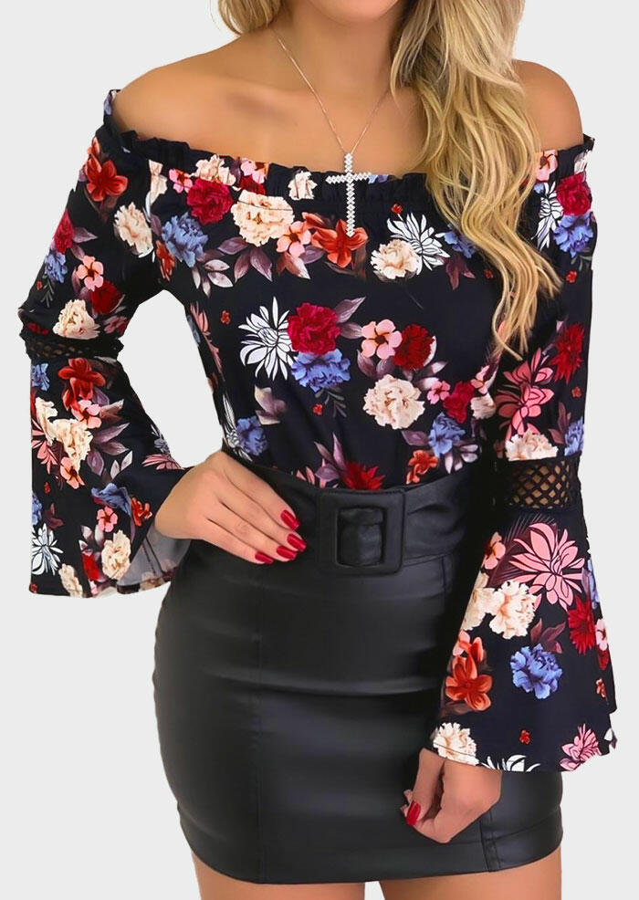 

Floral Off Shoulder Blouse without Necklace - Black, 445414