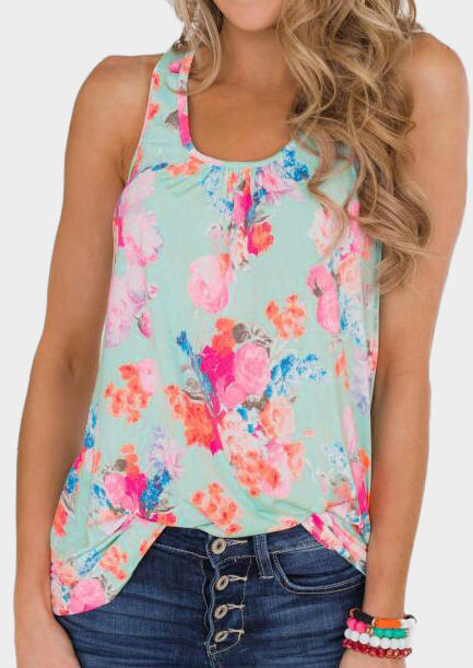 

Tank Tops Floral Printed Zipper Tank - Light Green. Size