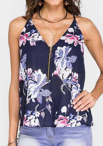 

Tank Tops Floral Zipper V-Neck Camisole without Necklace - Blue. Size