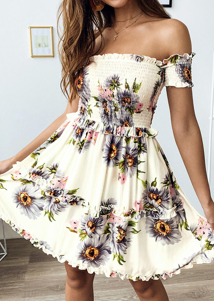 

Mini Dresses Floral Off Shoulder Mini Dress - Beige. Size