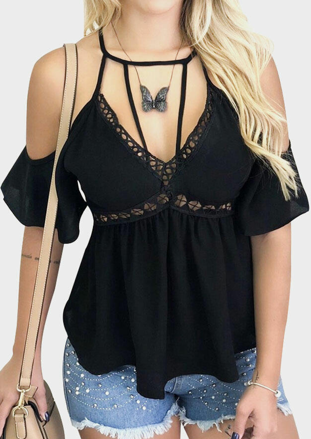 

Solid Hollow Out Cold Shoulder Blouse without Necklace - Black, 445429