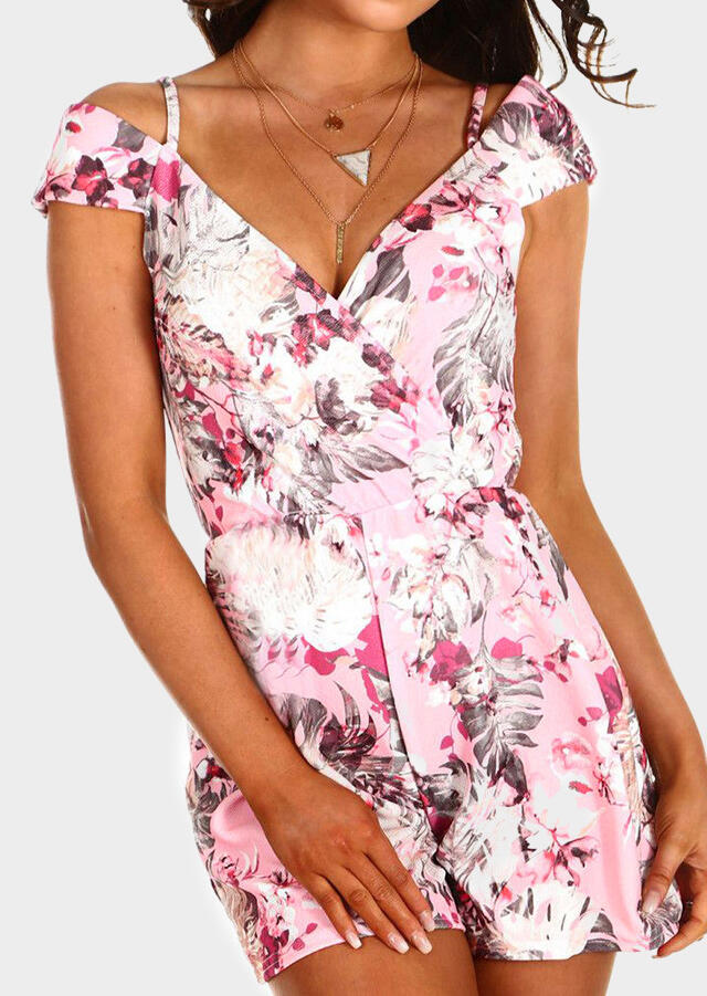 

Floral Wrap Deep V-Neck Romper without Necklace - Pink, 445502