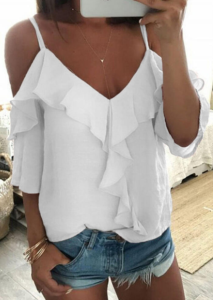 

Solid Ruffled Cold Shoulder V-Neck Blouse without Necklace - White, 445508