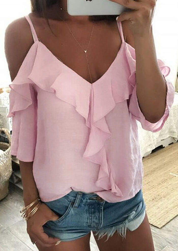 

Solid Ruffled Cold Shoulder V-Neck Blouse without Necklace - Pink, 445509