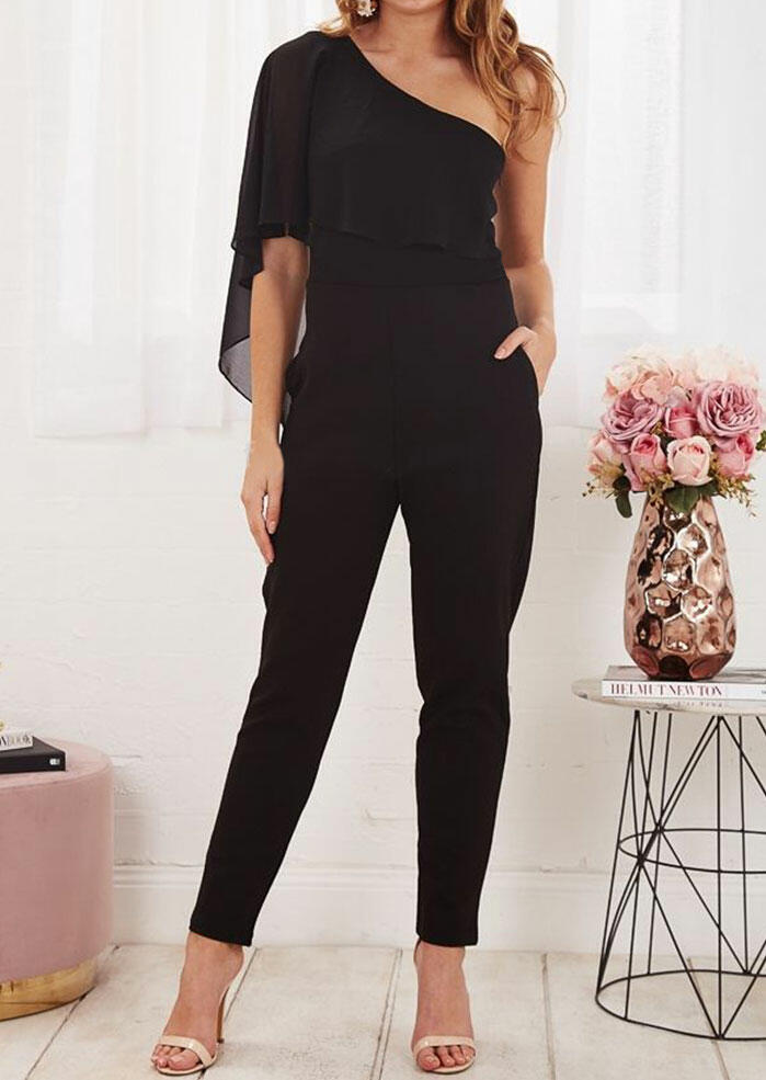 

Solid Pocket Slash Neck Jumpsuit - Black, 445515