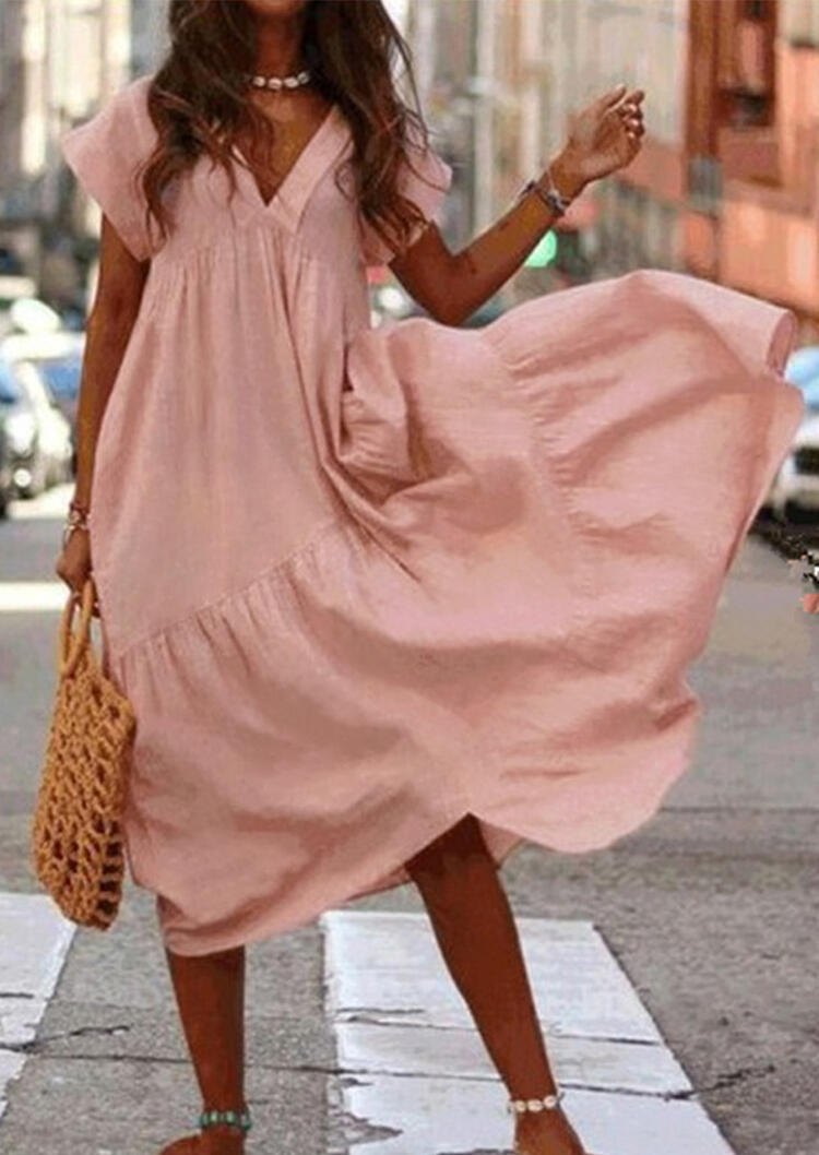 

Solid Deep V-Neck Casual Dress without Necklace - Pink, 445563