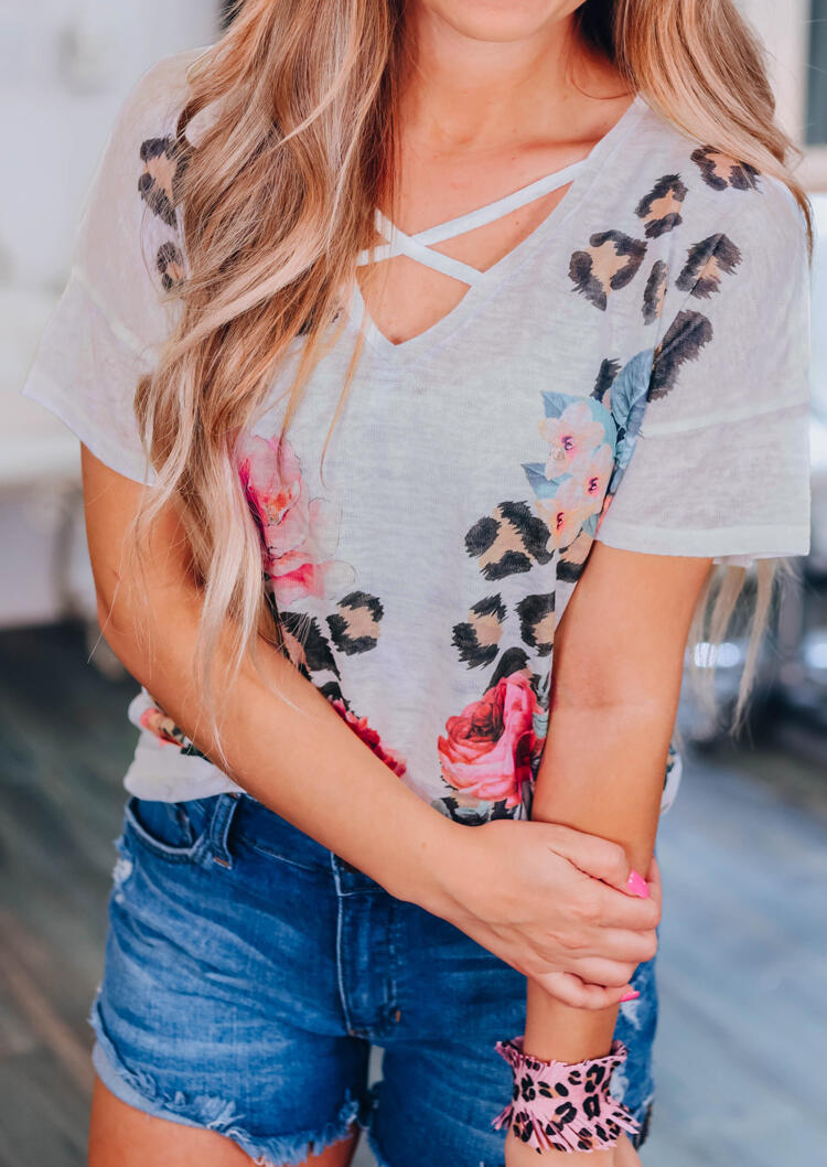 

Leopard Printed Criss-Cross Blouse - Light Gray, Light grey, 443472