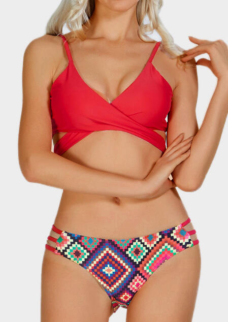 

Aztec Geometric Printed Twist Bikini Set - Red, 444848