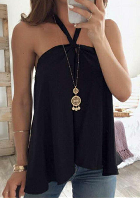 

Solid Halter Casual Tank without Necklace - Black, 445102