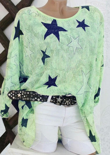 

Star Tab-Sleeve O-Neck Blouse - Light Green, 445000