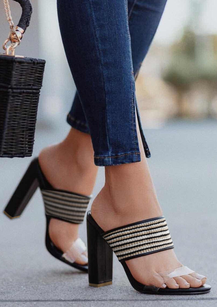 

Striped Pointed Toe Heeled Sandals - Black, 445651