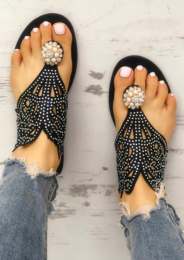 

Imitated Crystal Flat Sandals - Black, 445677