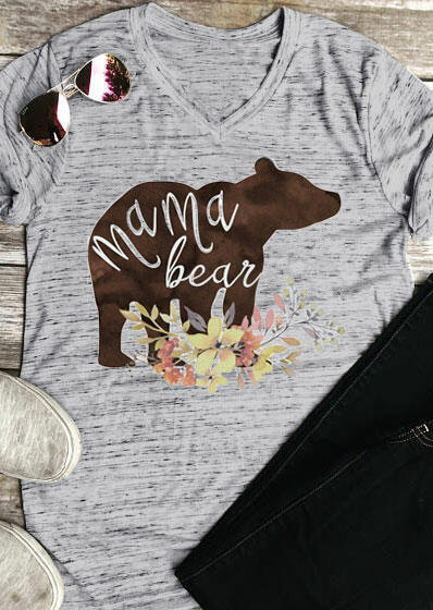 

Floral Mama Bear V-Neck T-Shirt, Gray, 180053