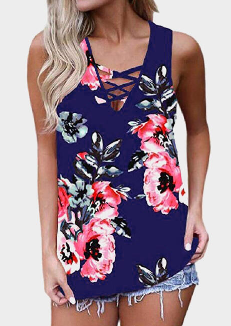 

Tank Tops Floral Hollow Out V-Neck Tank - Deep Blue. Size: S,M