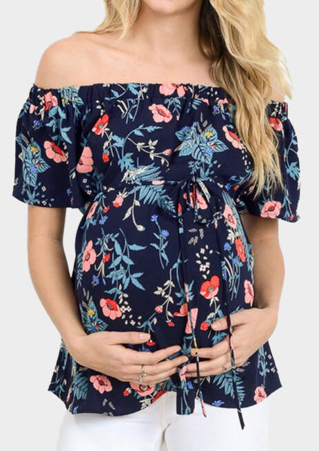 

Floral Off Shoulder Tie Maternity Blouse - Navy Blue, 445870