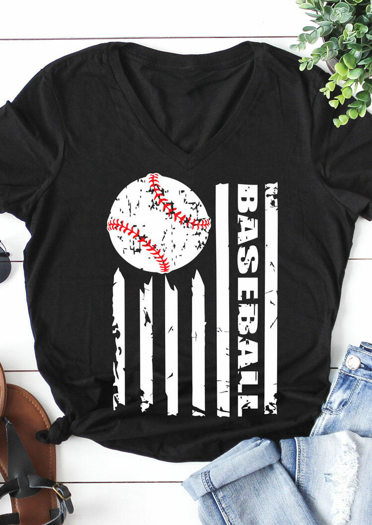 

Baseball V-Neck T-Shirt Tee - Black, 445992