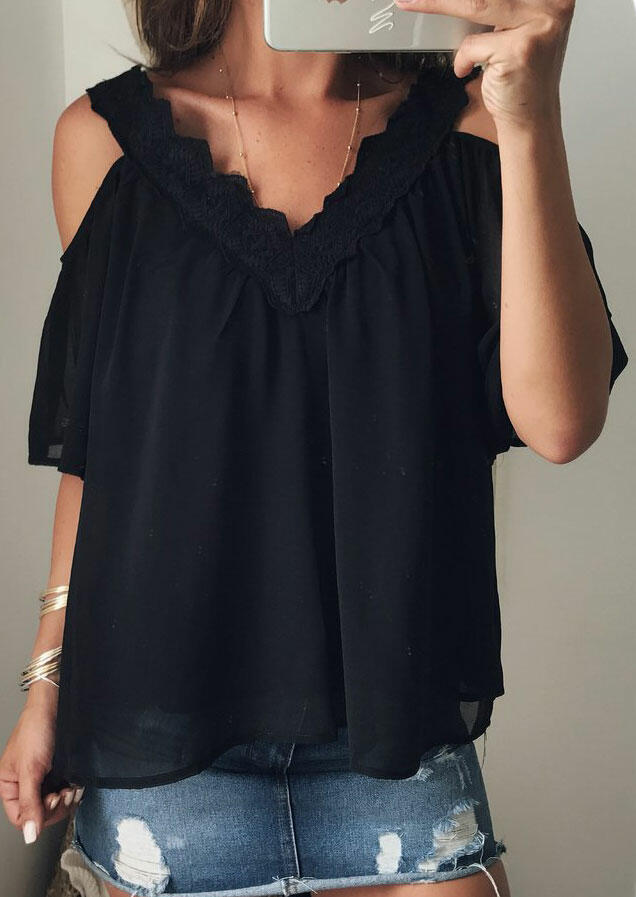 

Solid Ruffled Cold Shoulder Blouse without Necklace - Black, 446012