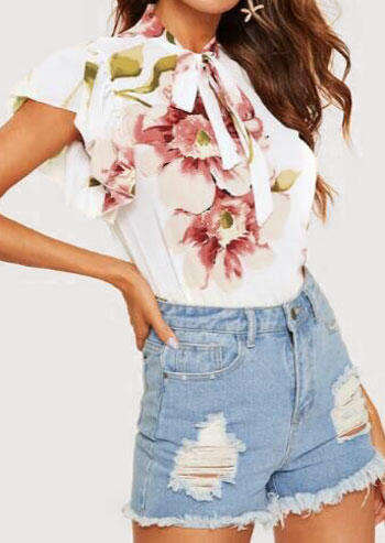 

Floral Tie Short Sleeve Blouse - White, 446036