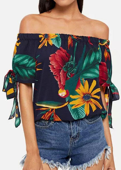 

Floral Tie Off Shoulder Blouse - Blue, 446060