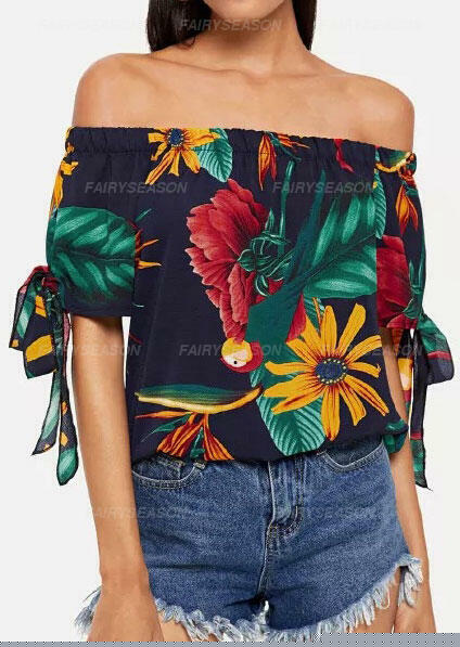 

Blouses Floral Tie Off Shoulder Blouse - Blue. Size: S,M,,XL